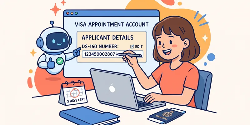 A visa appointment account showing the DS-160 number field being edited