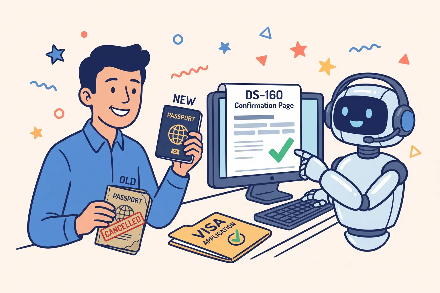 A new passport next to a submitted DS-160 confirmation page