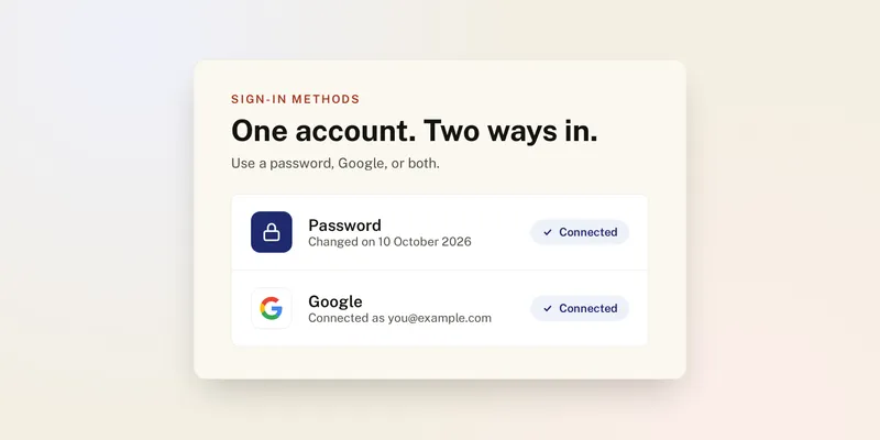 A DS160.io account card with two sign-in methods, a password and Google, both connected